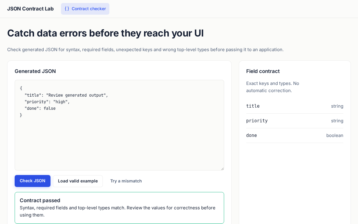 JSON Contract Lab with illustrative sample records