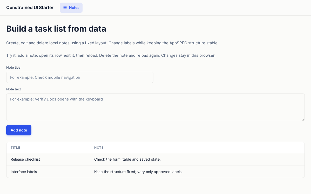 Constrained UI Starter with illustrative sample records